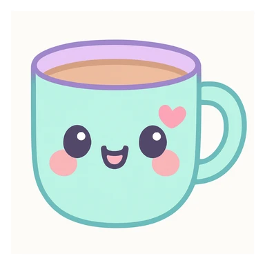 kawaii style coffee cup with a happy face, blushing cheeks, and a little heart, soft color palette sticker