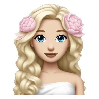 White bride with long light blonde hair and blue eyes with light pink peonies in hair white skin light pink lips sticker