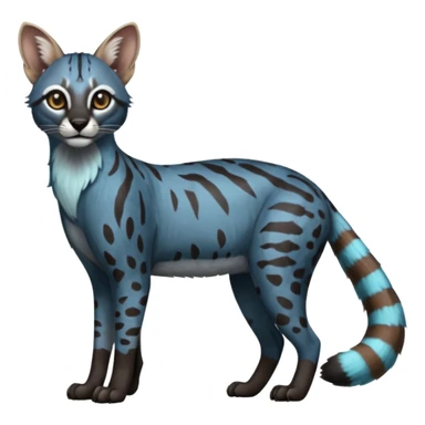 Splash-patterned Realistic edgy bluish greyish blackish whitish silvery coppery Shiny Colorful Dusky Dark Gloomy Glossy Genet-Caracal-Lion-Bobcat-fusion-animal-hybrid-creature, full body, tufted ears, long thin tufted tail sticker