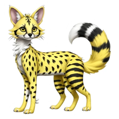 Edgy cool beautiful elegant spotted hype-realistic, black-maned, vibrant yellow Genet-Serval-Sergal-Margay-Fox-fusion-hybrid-furry-fursona, tall long body, long muzzle snout, full body, with a long puffy fluffy black-and-white-striped tail, black long big ears, with natural blue eyes sticker