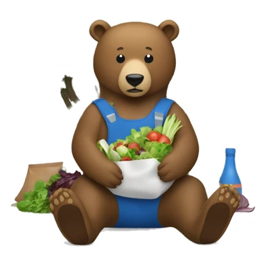Brown bear sitting against a tree very full with a salad bag next to him and a blue bowl on his belly  sticker