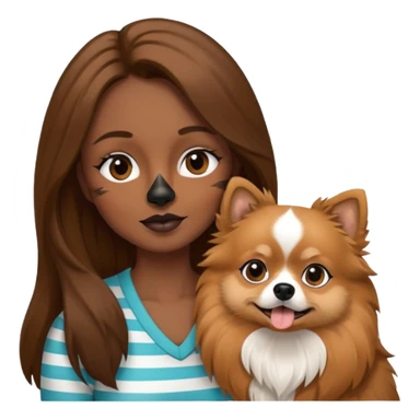 Create an emoji-style illustration of a woman with long brown hair holding one Pomeranian dog. The dog has a black face with a white stripe running down the middle of its nose and mouth. sticker