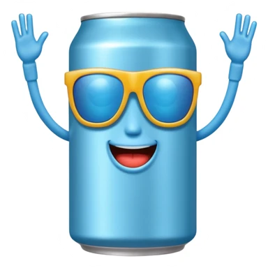 A soda can with a light blue color, with legs, arms, and a face. It can be seen wearing sunglasses sticker