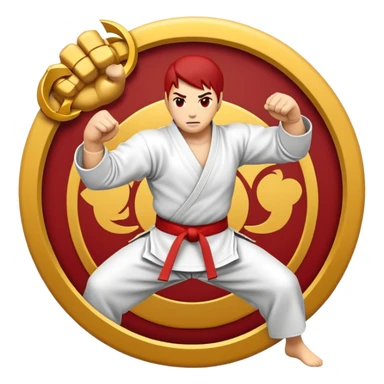 An emblem-style emoji symbolizing striking martial arts. The design features a stylized fighter in a dynamic stance, delivering a powerful punch, surrounded by a circular border with traditional elements like fists and combat symbols. Bold, clean lines with contrasting colors. sticker