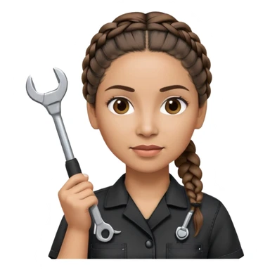A 40-year-old Latina woman with light brown skin, working as a car mechanic, wearing all black mechanic scrubs, with two braids pulled back from her head sticker