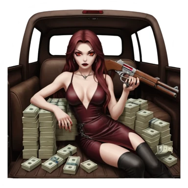 Lilith red eye seductress evil long brown haired sexy succubus woman with leather long dress with slit on, sitting in Big Large F350 pickup truck. Back seat full of stacks of cash, she is  Holding a human skull of her enemies and a gun in other hand sticker