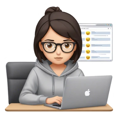 girl developer wearing glasses, medium dark hair, brown eyes coding in her laptop sticker