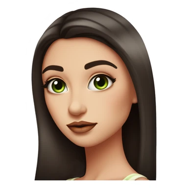 beautiful girl with high cheek bones orange blush, long straight shiny dark brown hair, big green eyes and big pale pink lips. Long thick eyelashes. Wearing a cream bustier.  She is smirking sticker