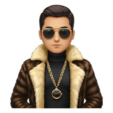 bearded man with slicked back hair, wearing dark sunglasses, a luxurious fur coat over a black turtleneck, gold chains and a watch, minimalist flat design, glossy Apple emoji style, simple facial features, centered full-body icon on white background sticker