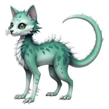 Scaley Kawaii spectral spooky dark bleak blackish swampy white-skeletal gloomy ghostly dark greyish dark-deep-greenish foggy eldritch beautiful realistic edgy fantasy ghoul-like stitched feline-vernid-sergal-fursona animal creature with a tufted tail full body with intricate markings  sticker