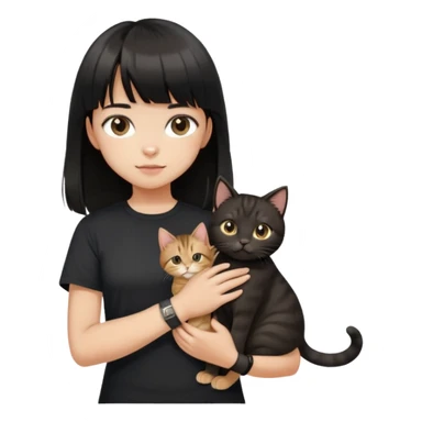 A girl with black long hair and bangs, wearing a black short-sleeved shirt, a brown bracelet on her right wrist, white skin, holding a tabby cat, the cat is standing upright sticker