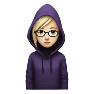 Girl blond artist with round glasses left side behind his laptop with this style: Alan Walker Singer purple character purple black hooded hacker themed character sticker