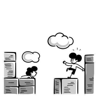 pixel art of a retro side-scrolling video game scene with blocks, platforms, clouds, and a character jumping, 8-bit Game Boy style sticker