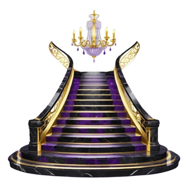 Luxurious black marble hallway stairs with gold and white accents  with purple crystals in chandelier sticker