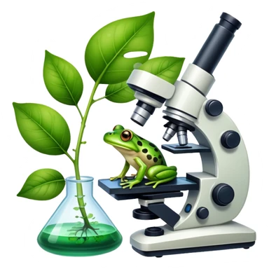 An icon featuring a DNA strand, a microscope, and a green leaf, symbolizing biology. The design includes animal cells, plant structures, and a frog, representing the study of living organisms and ecosystems. Transparent background highlights life sciences and biological research. sticker