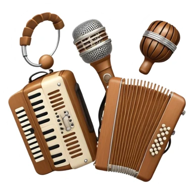 Create a warm and inviting humanless emoji representing folk singing. The design should feature a traditional microphone, perhaps with a wooden texture, symbolizing the rustic and authentic feel of folk music. Surround the microphone with subtle elements such as a hand-played tambourine, an accordion, or a balalaika to reflect the folk instruments. Add flowing musical notes to symbolize the vocal melodies. Use earthy, natural colors like browns, reds, and greens to evoke a sense of tradition, warmth, and connection to the community. The background should be transparent. sticker