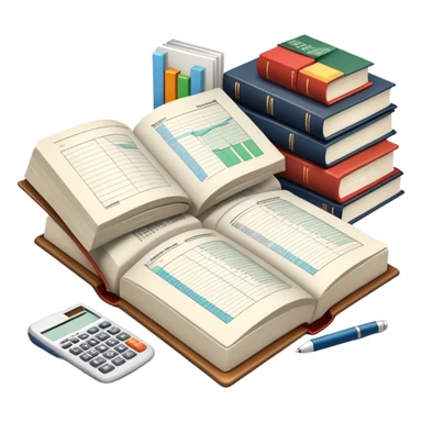 Icon for Business Reading: an open book with graphs, numbers, percentages, formulas, and text on the pages, next to a stack of books, a pile of dollars, a calculator and business magazines like Forbes. Transparent background. sticker