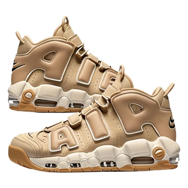 Minimalist pair of beige Nike Air More Uptempo sneakers side by side, clean simple design with AIR lettering on sides sticker