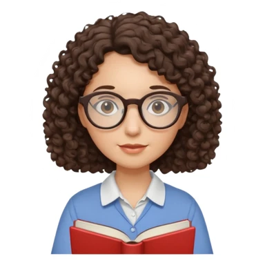 female English teacher with glasses and wearing a shirt, holding an English book. I have dark brown a little curly hair. My glasses are rather round than square shape. sticker