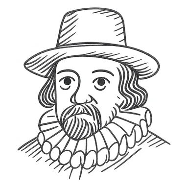 a hand drawn black outline portrait of philosopher Francis Bacon with similar-sized eyes based a famous portrait of him sticker