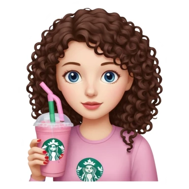 make an emoji of a loose curly brunette, blue-eye girl, wearing light pink drinking a strawberry acai refresher from starbucks sticker