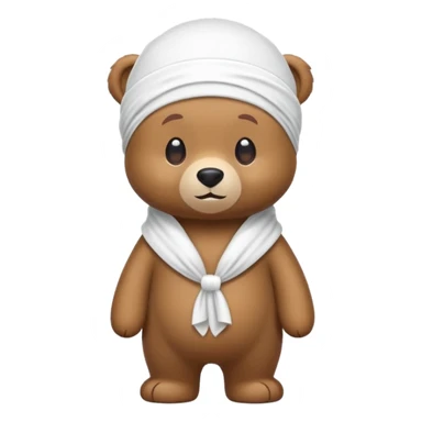 Full-body standing brown bear wearing a white durag on its head, cute emoji style sticker