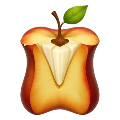 an apple core with jagged edges and a small stem sticker