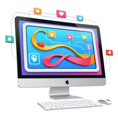 Animation and motion design. A computer screen with an animation timeline, moving frames. Display a cartoon or animated scene on the screen. Include motion design elements like flowing lines, curves, or rotating objects. Modern, creative colors. No emojis or smiley faces. Transparent background. sticker