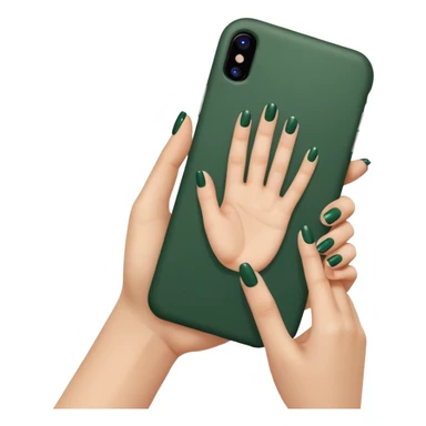 female hand with nude manicure (5 fingers) holding iPhone in dark green case, front view, minimalism, emoji style sticker
