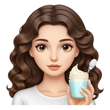 beautiful brunette with a light balayage white girl with nice curls/defined waves, very long hair, clean girl makeup APPLYING A FACE CREAM FOR SKINCARE sticker