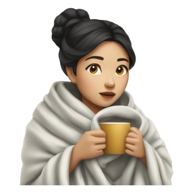 Asian girl wrapped in cozy blanket drinking coffee sticker