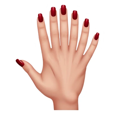 left hand of a woman with all five fingers painted in dark red nail polish, glossy finish, deep saturated red, smooth gradient, minimal details, clean and shiny
 sticker