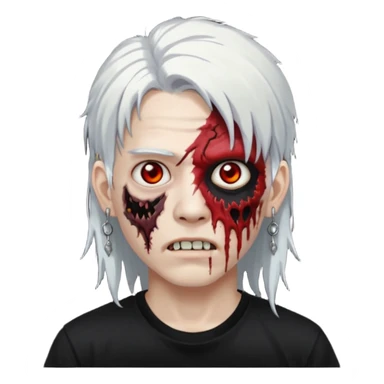 ok make a zombie avatar that has pale skin, young, asian, mullet hair, white hair with earrings wearing just a black T shirt white blood from the eyes sticker