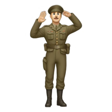 A man in a soldier suit from world war one raising their right hand vertically to around 45 degrees. His arm is stretched out, not bent at all. and his face is shown sticker