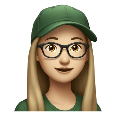 Hyper realistic, look from side, asian adult woman, light white skin, smiling with teeth, black eyes, spotted frame glasses, long light brown straight hair, black T-shirt, dark green cap. sticker