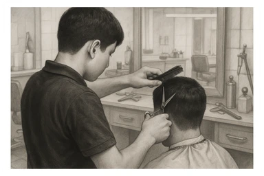 yuzi ko'rinmasin sartaroshxonada ishlayotganini tasvirlab ber mijozlarni sochini olayotganini o'smirin davrini sticker