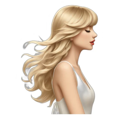 taylor swift side profile longer hair flying wind blowing, eyes closed white strap dress sticker