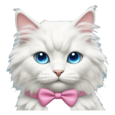 white fluffy cat with blue eyes wearing a pink bow  sticker