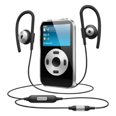 Futuristic iPod emoji with earphones, metallic black and white, smooth reflective surfaces, flat minimal vector design, clean UI style sticker