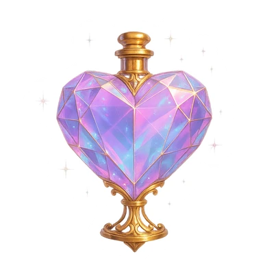luxurious crystal elixir bottle in heart shape, pastel gradient colors, lots of glowing shine, facets, ornaments, golden details, magical effects, very small golden neck, transparent background, beautiful connected base, clearly floating in air, no base or shadow, premium class impression, design matching a collection of crystal, luxurious, magical bottles sticker