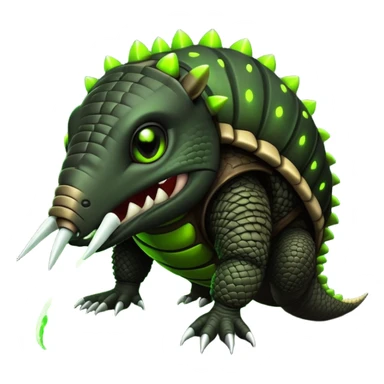 Biohazard armadillo. has black skin and a dark, segmented shell, with the middle sections of each segment glowing in a toxic lime green. The armadillo's face has a twisted, evil grin. His eyes are wide and intense, glowing in the same toxic green. sticker