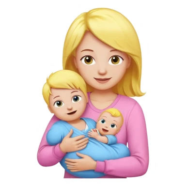 mother with yellow hair and pink dress holding baby in blue onesie, emoji style sticker