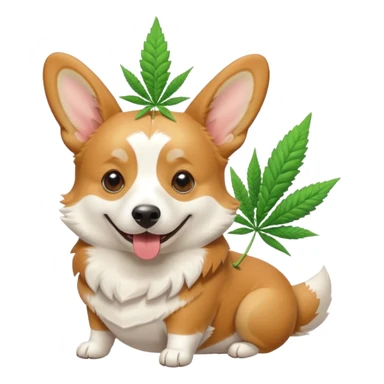 Tan and white Corgi with marijuana  sticker