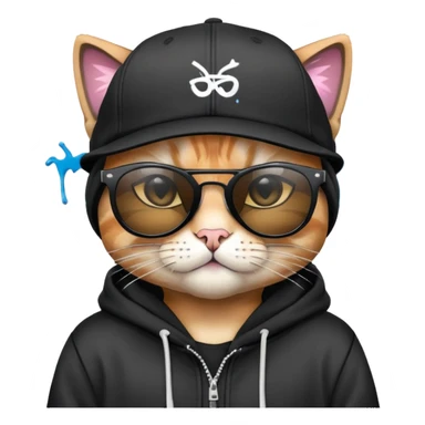 cat wearing a black snapback cap and black hoodie, with black sunglasses positioned low on his nose, looking directly at the viewer over the top of his sunglasses with a cool expression, doing graffiti with spray paint sticker