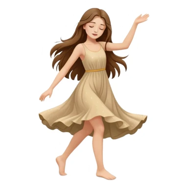 Girl with long brown hair dancing barefoot in the rain with closed eyes beige colors cartoon style elegant romantic  raindrops in the background  sticker