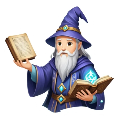 An icon representing an adventure game, inspired by mystical fantasy. The design features a wise and powerful wizard floating above an ancient spellbook, arcane runes glowing beneath him. The swirling cosmic background hints at deep magical knowledge, adventure, and untold power. Transparent background. sticker