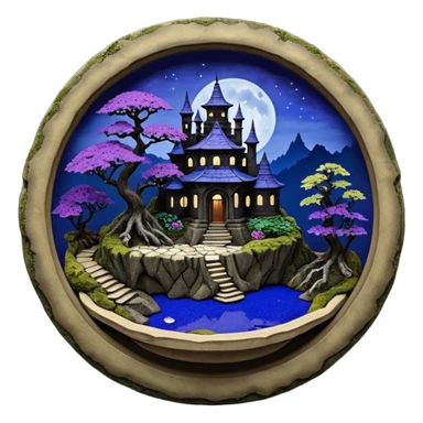  Ancient saucer-castle-house jungle winding trail mountainside getaway haunted nighttime landscape antique mudman very old broken cracked intricately detailed Stone Age lapis-crusted irregular dodecagon-shaped shallow dark moss rough bark violet flowered maple bonsai Saikei platter  sticker
