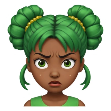 Create a 3D cartoon-style girl character with dark skin, round face, angry expression, big wide eyes, and tightly styled double buns made of green beaded hair. The girl should look irritated, eyebrows sharply angled, and lips pressed in a frown. sticker