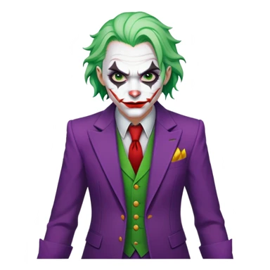 The Joker villain character full body with green hair, purple suit, white face, red lips sticker