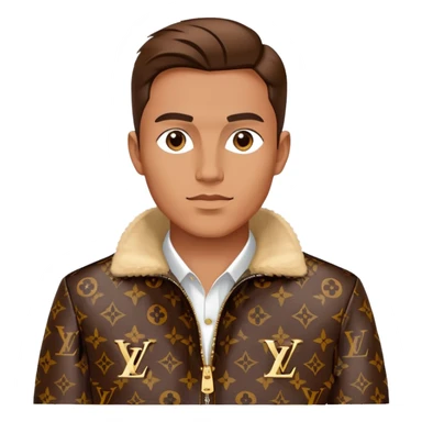 stylish man wearing Louis Vuitton jacket with LV monogram pattern sticker